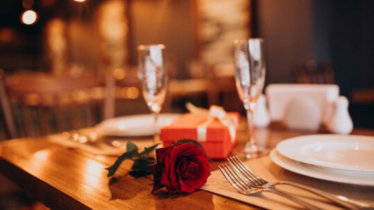 Happy Valentines Decorated Table At A Restaurant